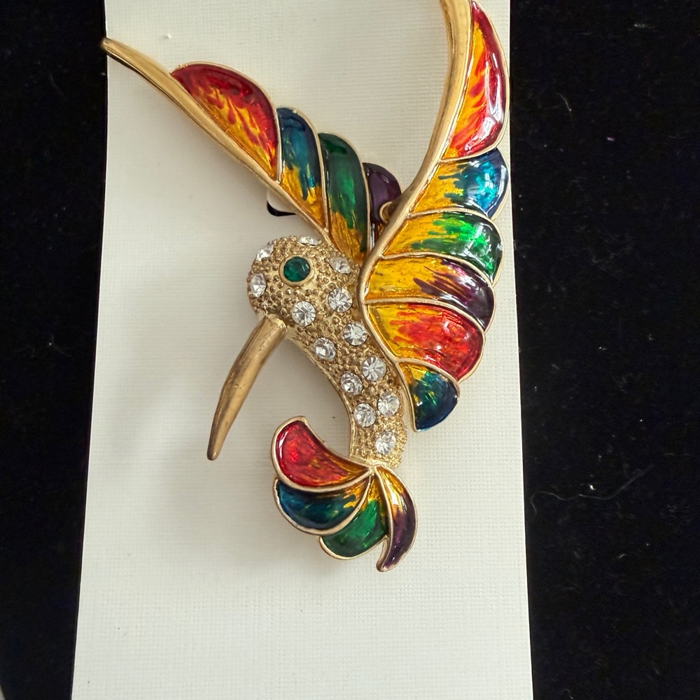 Vintage Gold-tone Multicolor Enamel Hummingbird Brooch